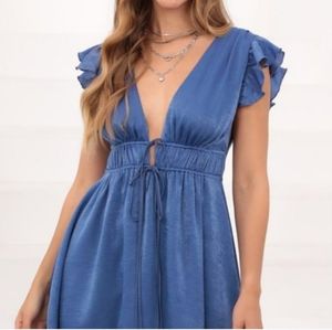 Lucy in the sky deep V mini dress party wedding casual blue sheer satin size S